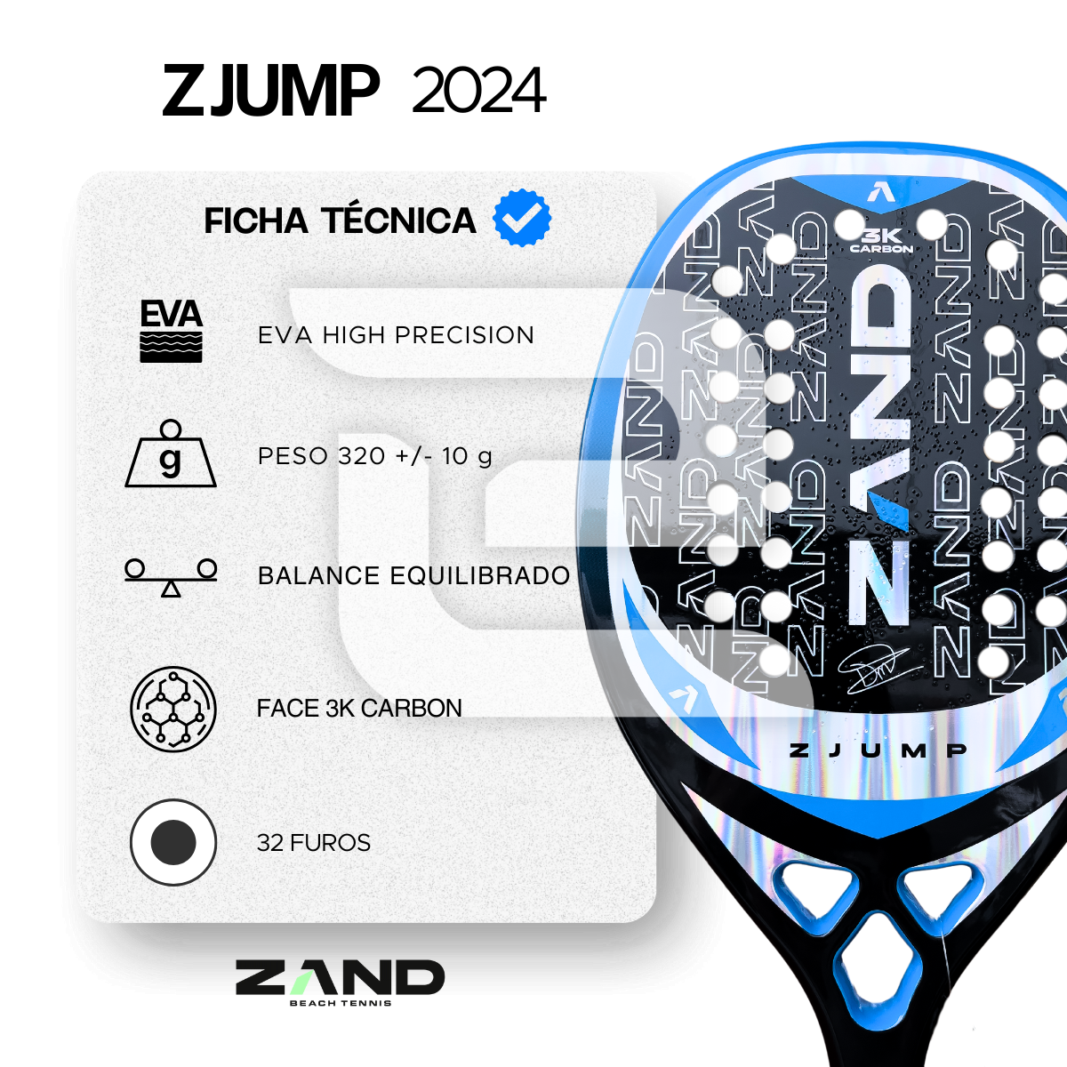 Raquete de Beach Tennis Zand Z Jump Daniel Mola 3K +Brindes