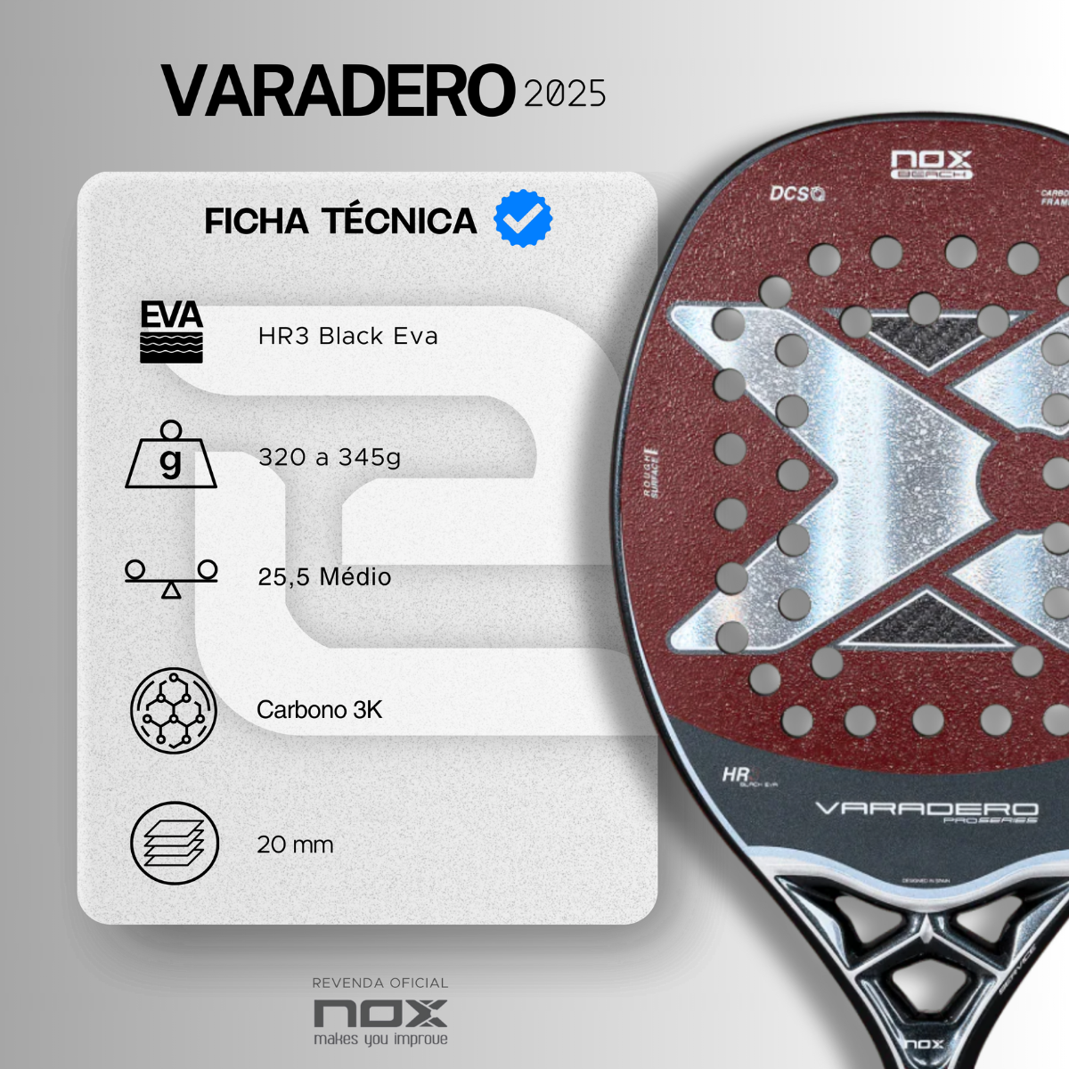 Raquete de Beach Tennis Nox Varadero Carbono 3K +Brindes