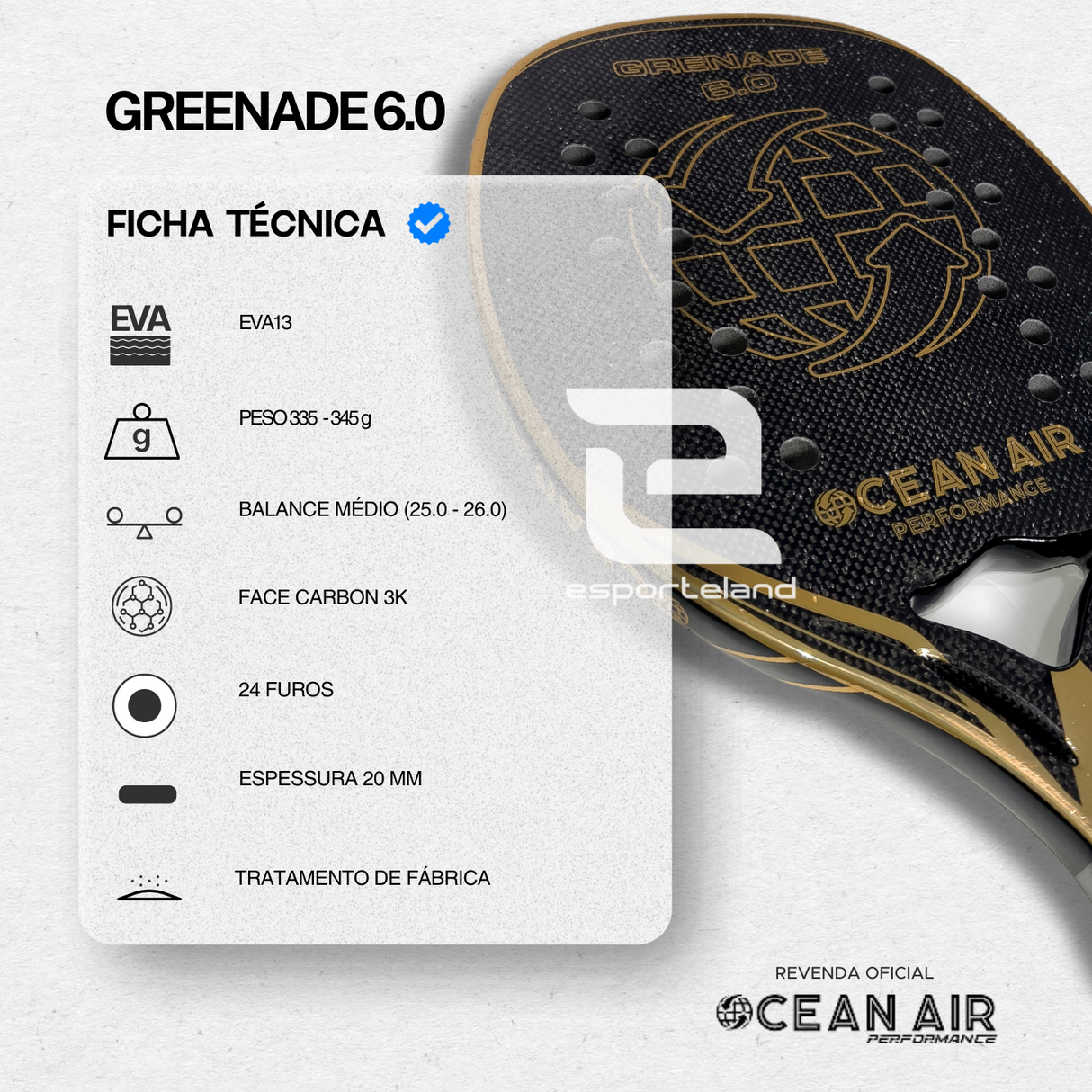RAQUETE DE BEACH TENNIS OCEAN AIR GRENADE 6.0 CARBONO 3K