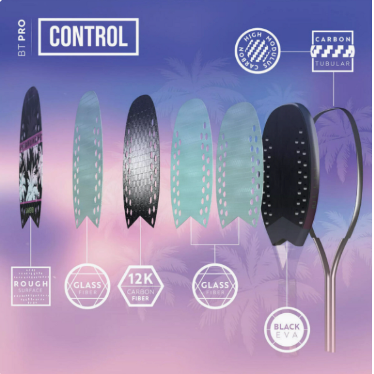 Raquete de Beach Tennis Sandever Control Pro Carbono12K Roxa