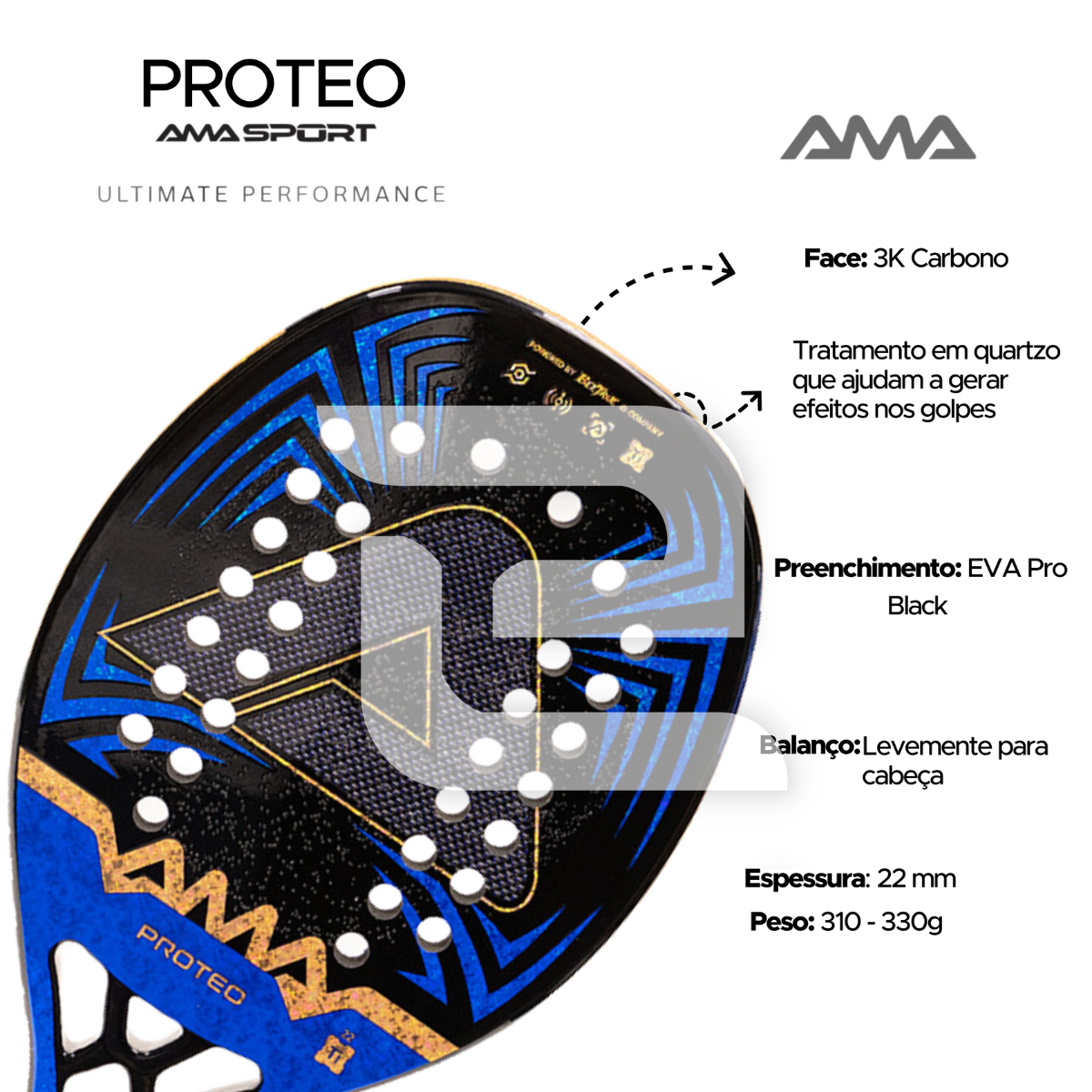 Raquete de Beach Tennis Proteo Amasport Carbono 3K +Brindes