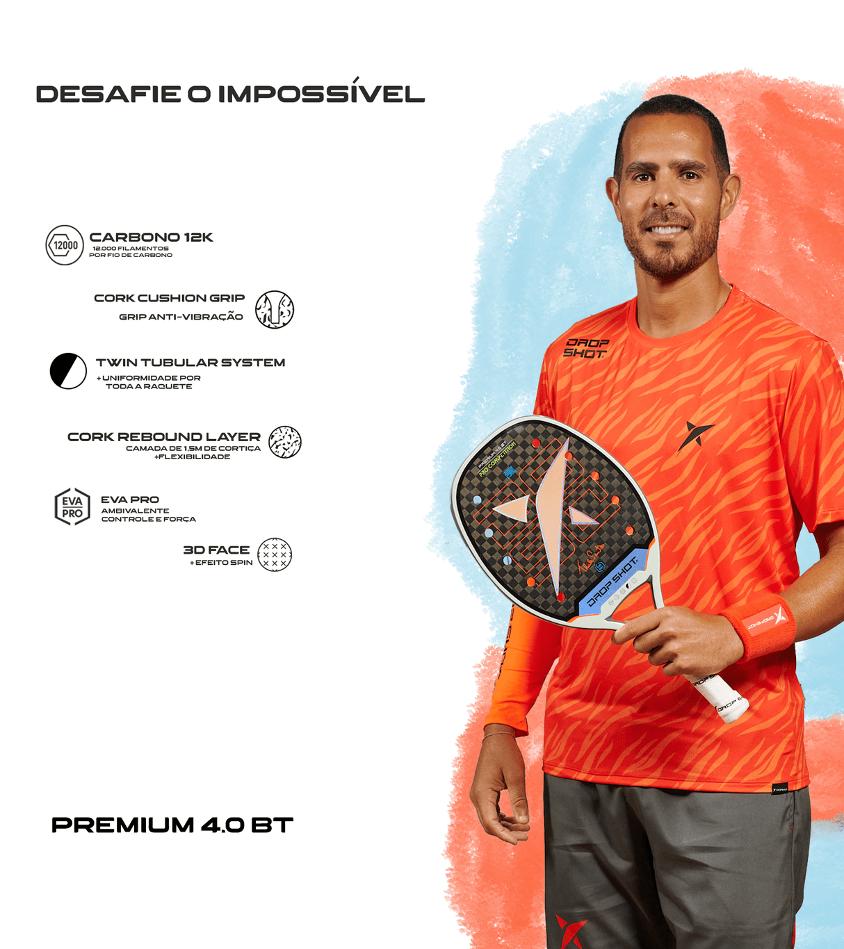 Raquete de beach tennis DROP SHOT PREMIUM 4.0 BT THALES SANTOS 2024