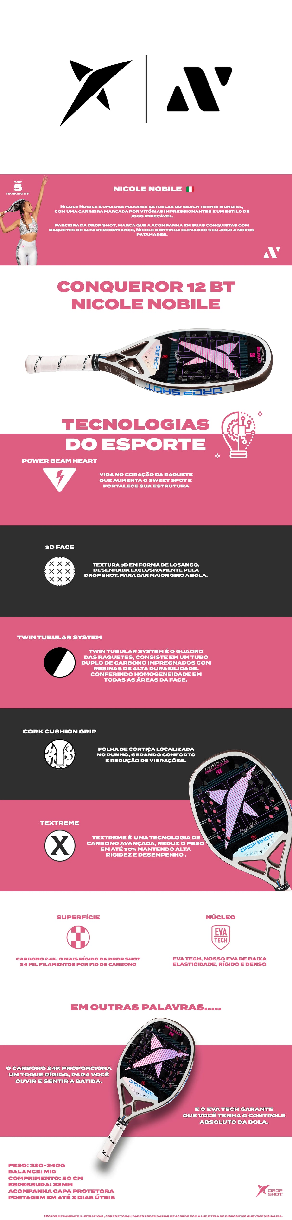 Raquete de beach tennis DROP SHOT CONQUEROR 12.0 BT NICOLE NOBILE