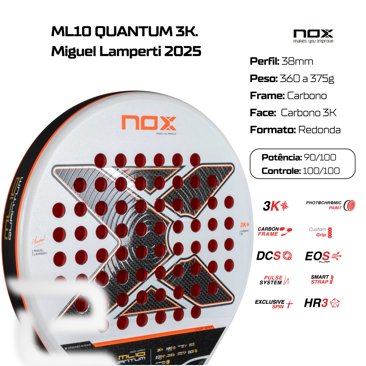 Raquete de Padel Nox Ml10 Quantum 3K Miguel Lamperti