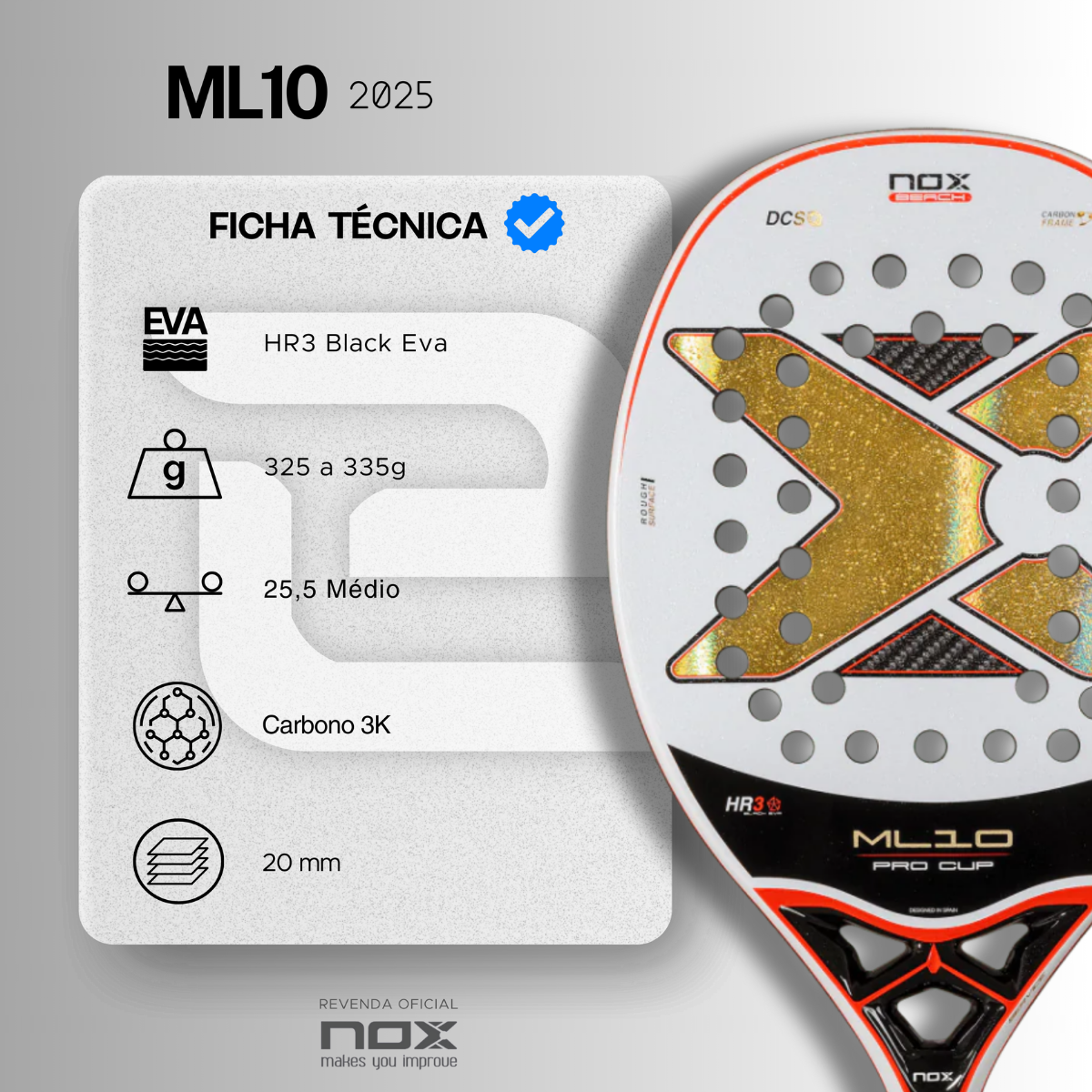 Raquete de Beach Tennis Nox ML10 Pro Cup Carbono 3K 2025