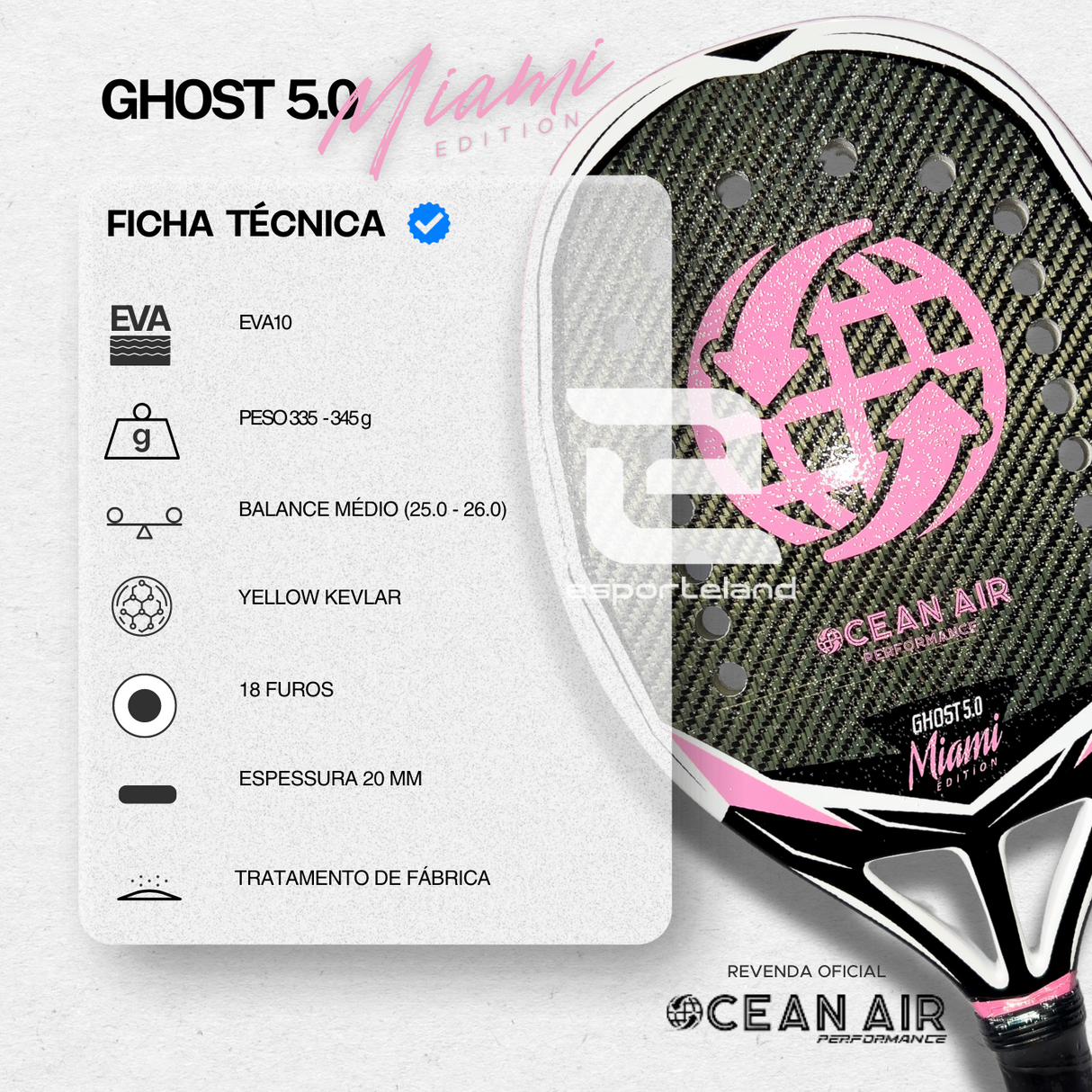 RAQUETE DE BEACH TENNIS OCEAN AIR GHOST 5.0 MIAMI ED KEVLAR