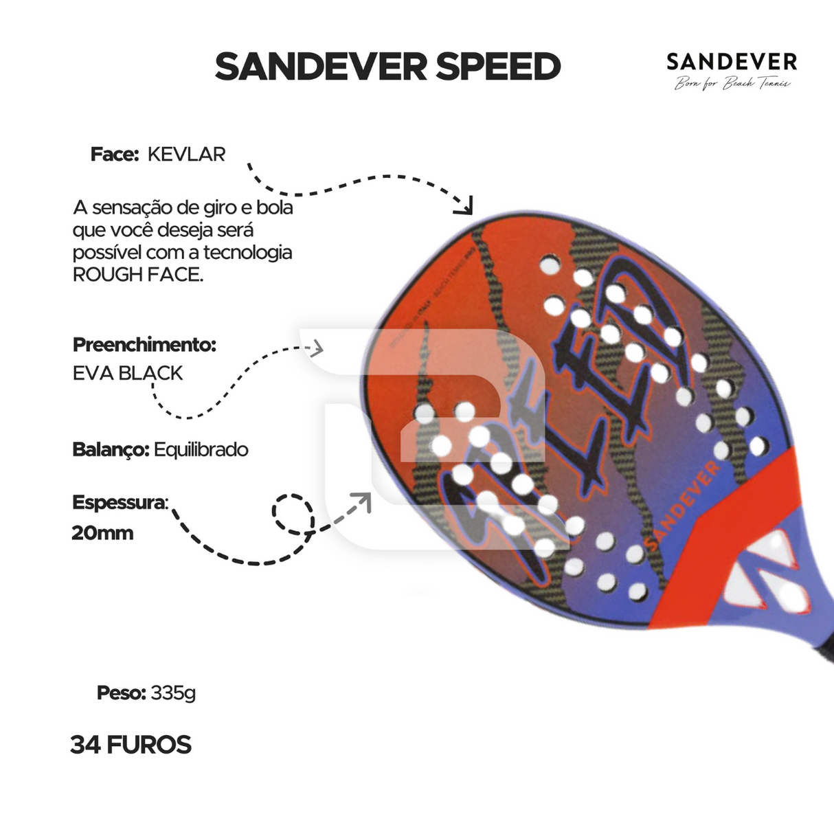 Raquete de Beach Tennis Sandever Speed Btr 990 Carbon Kevlar