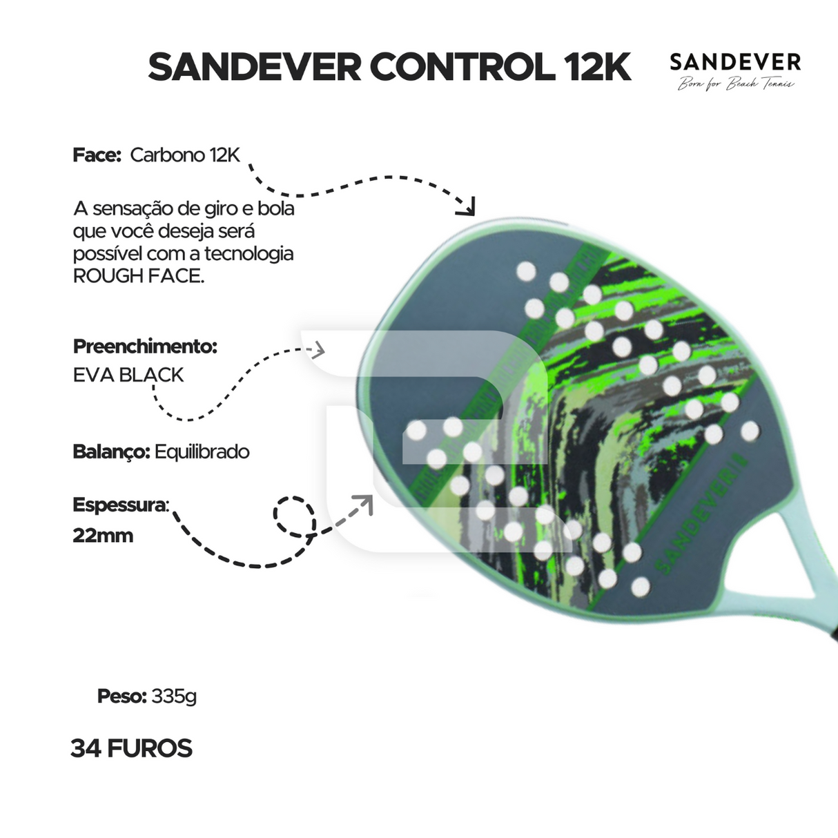 Raquete de Beach Tennis Sandever Control Carbono 12K Verde