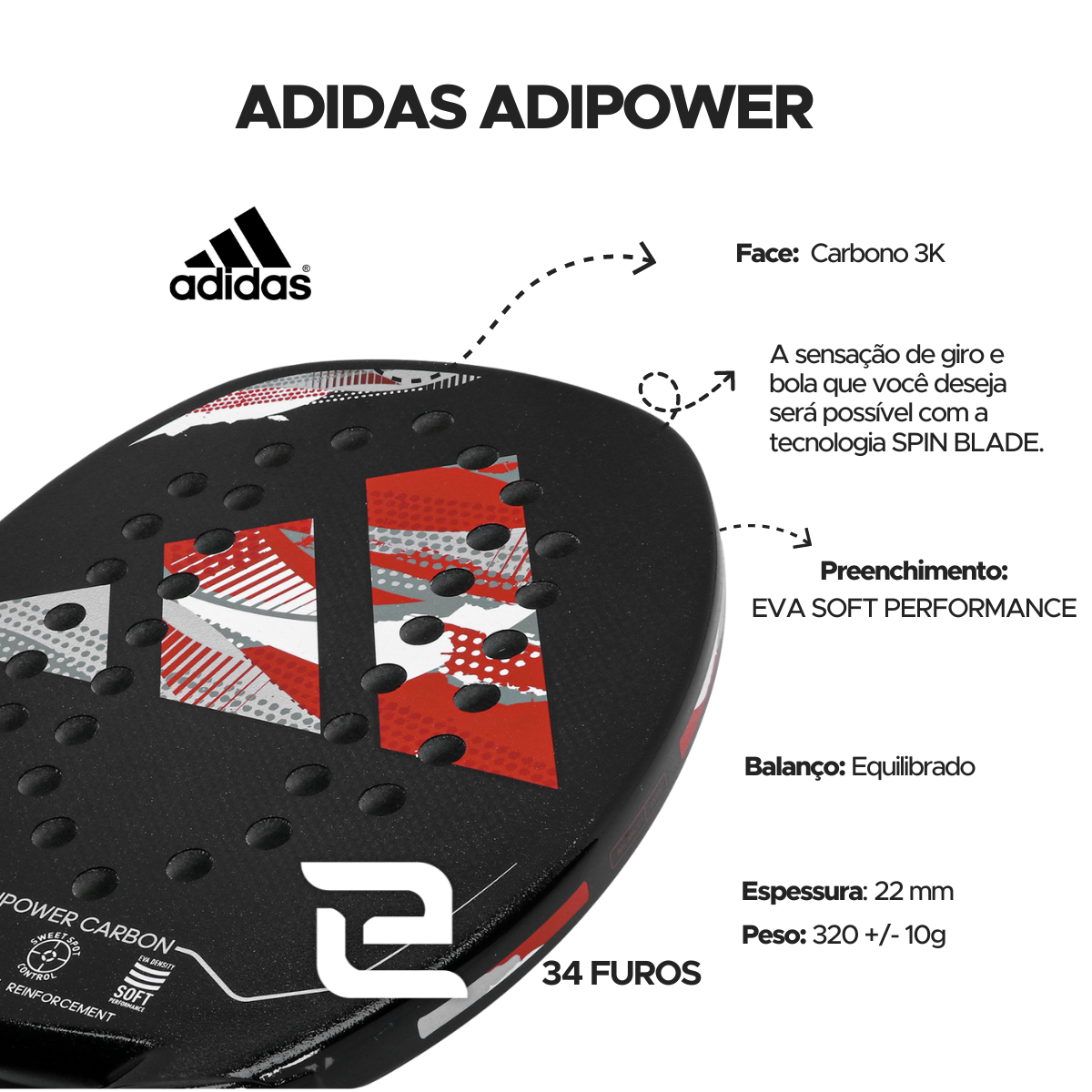 Raquete de Beach Tennis Adidas Adipower W H34 Preta/Vermelha