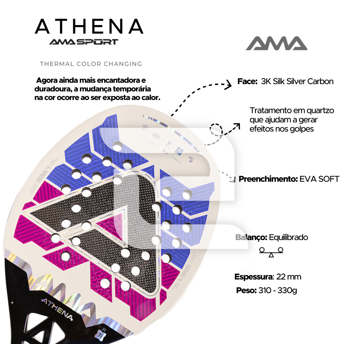 Raquete de Beach Tennis Athena Amasport Carbono 3K +Brindes