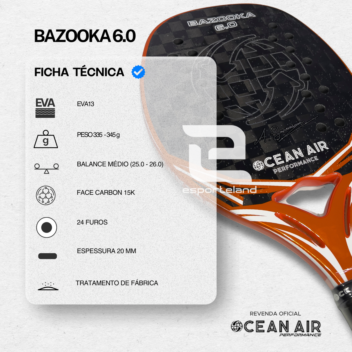 RAQUETE DE BEACH TENNIS OCEAN AIR BAZOOKA 6.0 CARBONO 15K