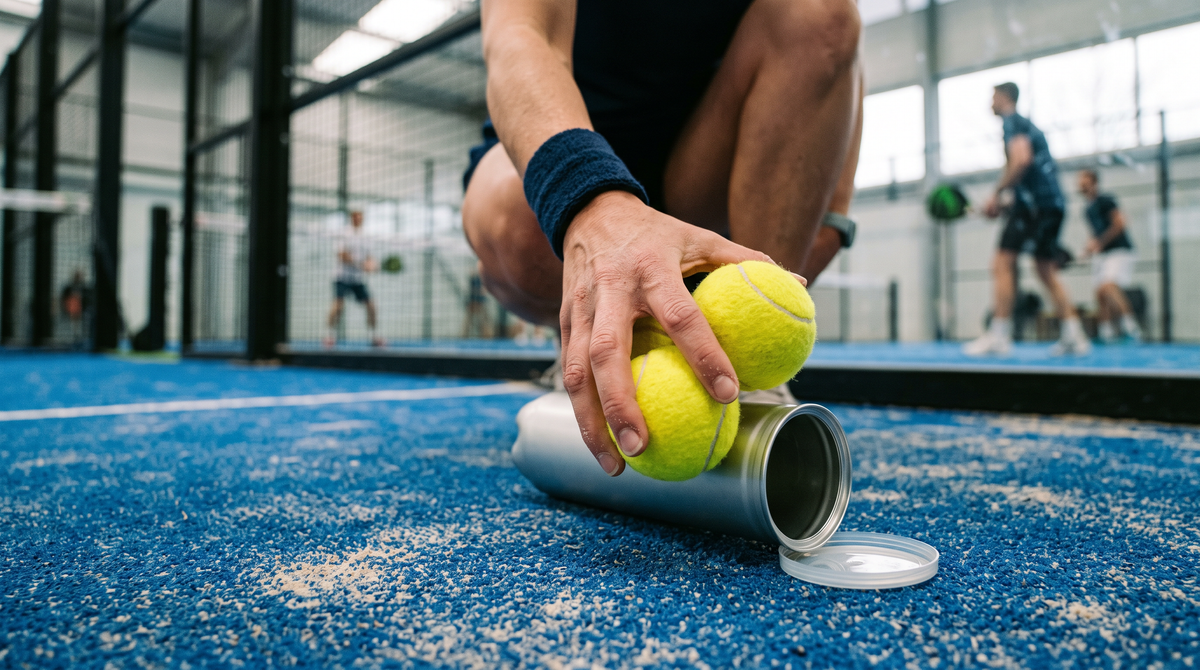 Mão segurando três bolas de padel tiradas de um tubo na quadra