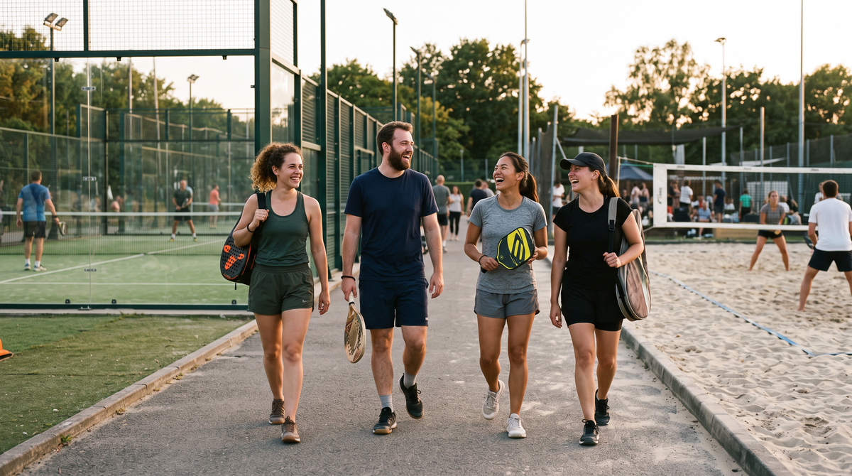 Amigos num clube com raquetes de padel, beach tennis e pickleball