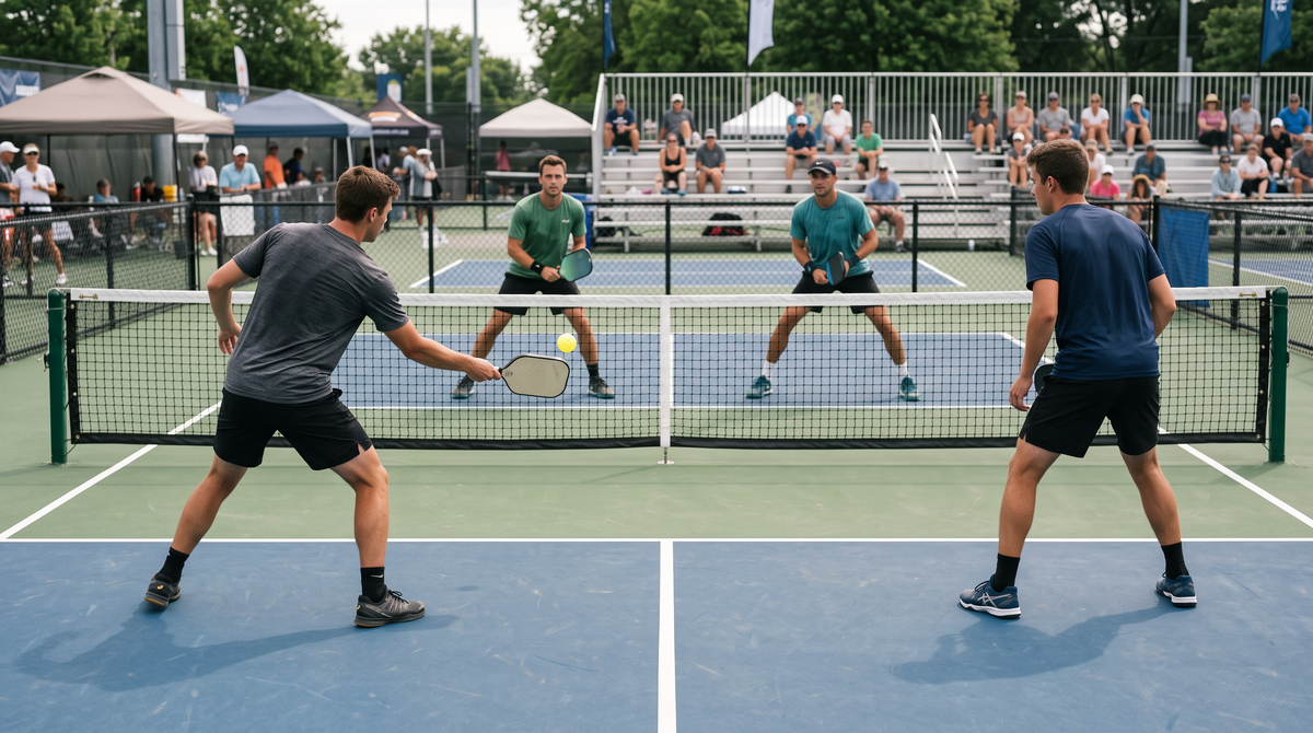 Atletas de alto rendimento disputando um ponto de pickleball em dupla, fora da zona de não voleio