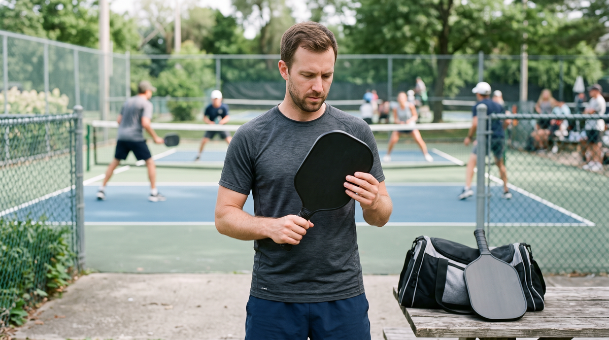 Jogador testando a empunhadura de uma raquete de pickleball ao lado da quadra