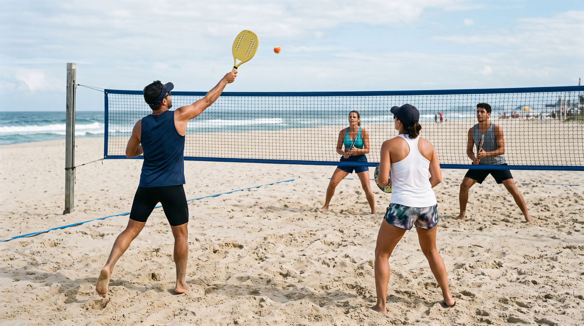 Partida de beach tennis em dupla, com dois atletas de cada lado da rede