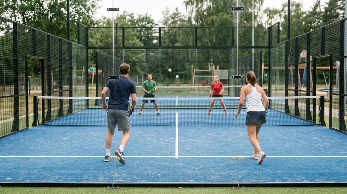 Partida de padel em dupla mista, com dois jogadores de cada lado da rede