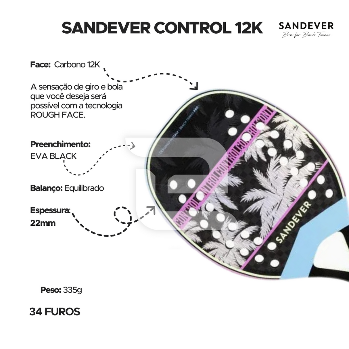 Raquete de Beach Tennis Sandever Control Pro Carbono12K Roxa