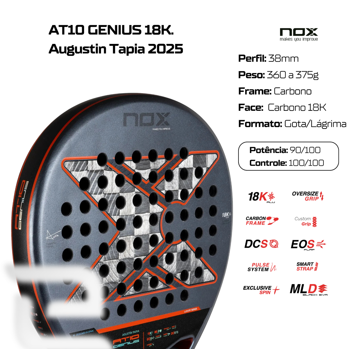 Raquete de Padel Nox At10 Genius 18K Alum 2025 Tapia