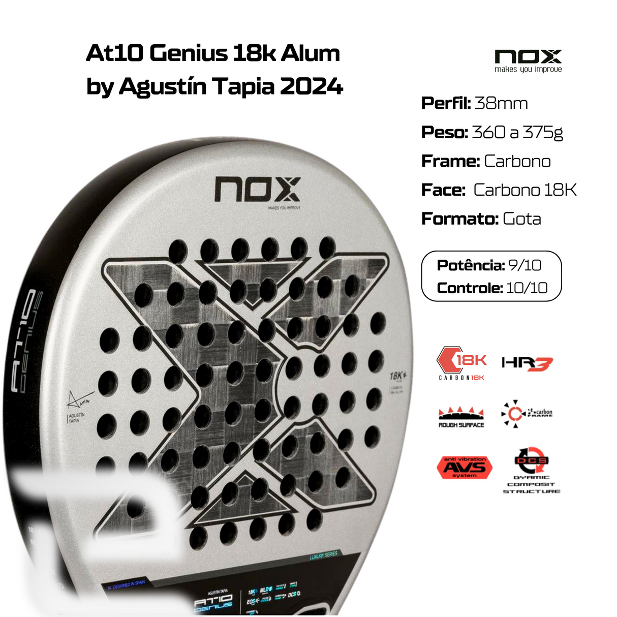 Raquete de Padel AT10 GENIUS 18K Alum 2024 NOX